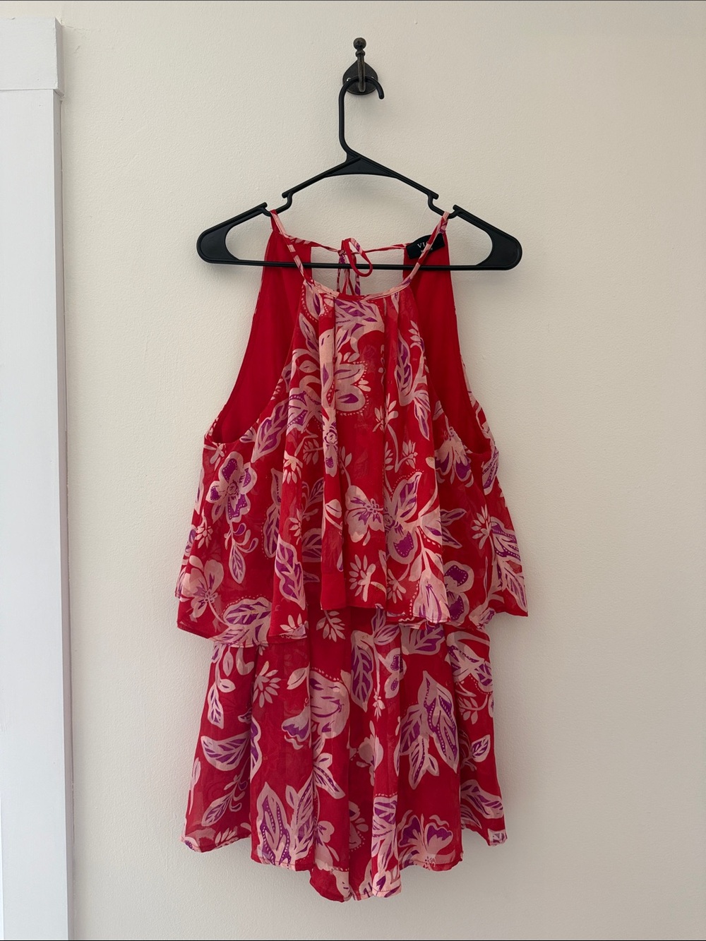 Vici Red Floral Halter Romper with Pink and Cream Accents